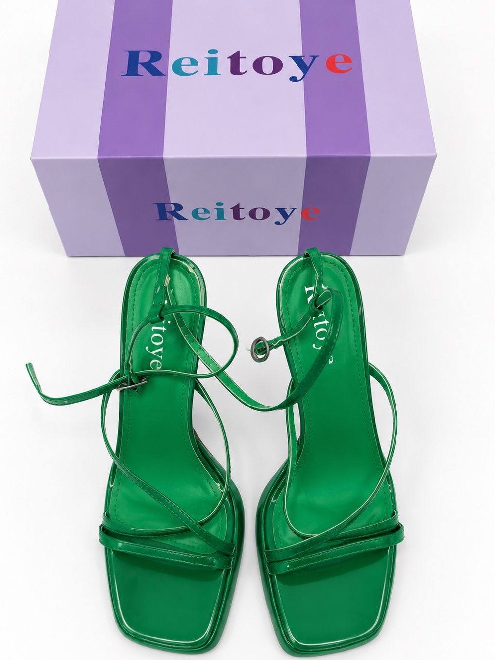 Reitoye Green Strappy Square-Toe Heels